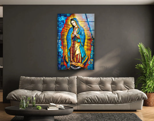 Religion glass wall art colorful and glossy featuring lady of Guadal plus Christian Glass Decor for wall decor and custom wall art