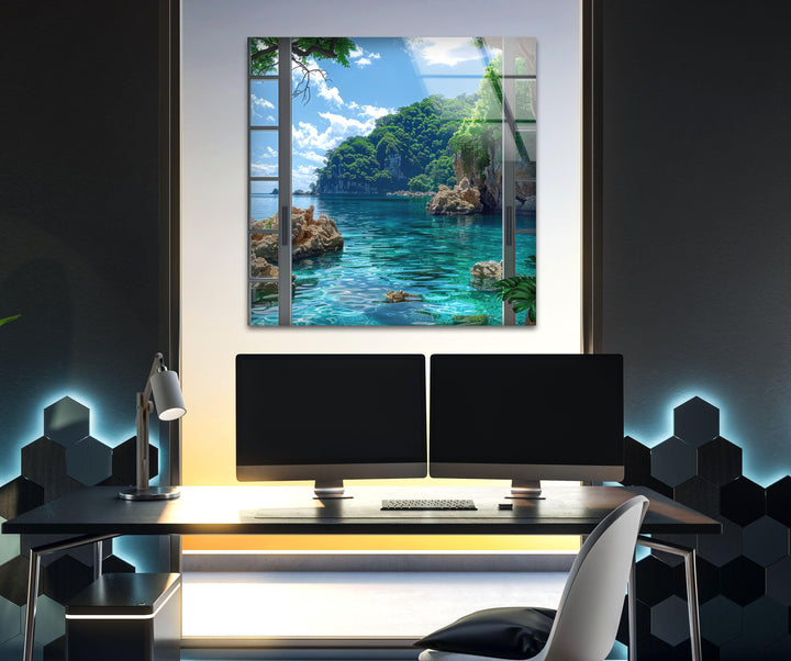 Glass wall art creating an illusion of an open window overlooking the sea.
