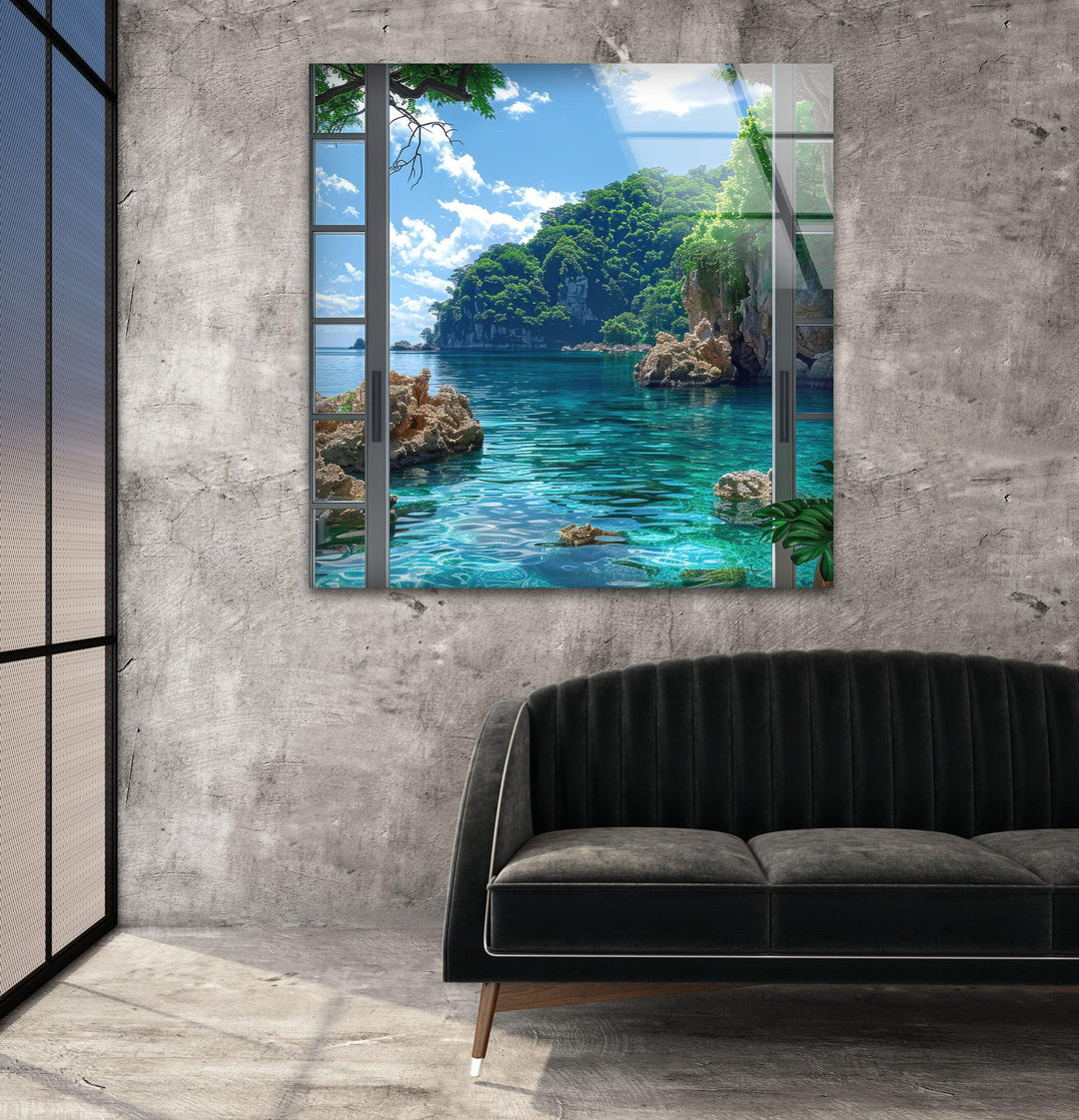 Coastal-themed glass wall art bringing a serene beachside atmosphere.
