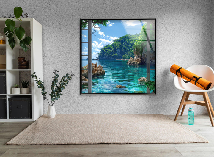 Ocean-inspired wall decor with crystal-clear waters and vibrant greenery.
