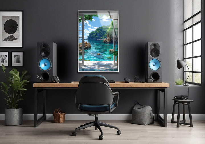 Relaxing tropical artwork featuring a peaceful waterfront scene.
