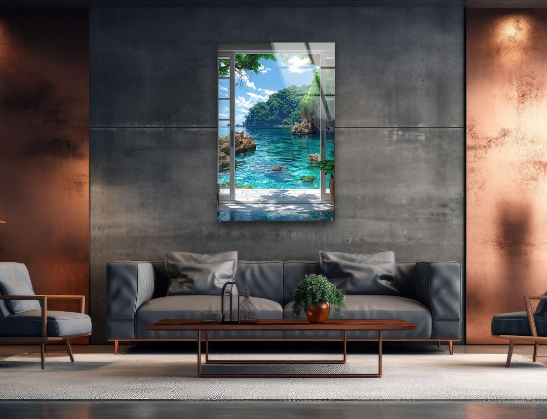 Large glass wall decor of an exotic island getaway with bright blue waters.
