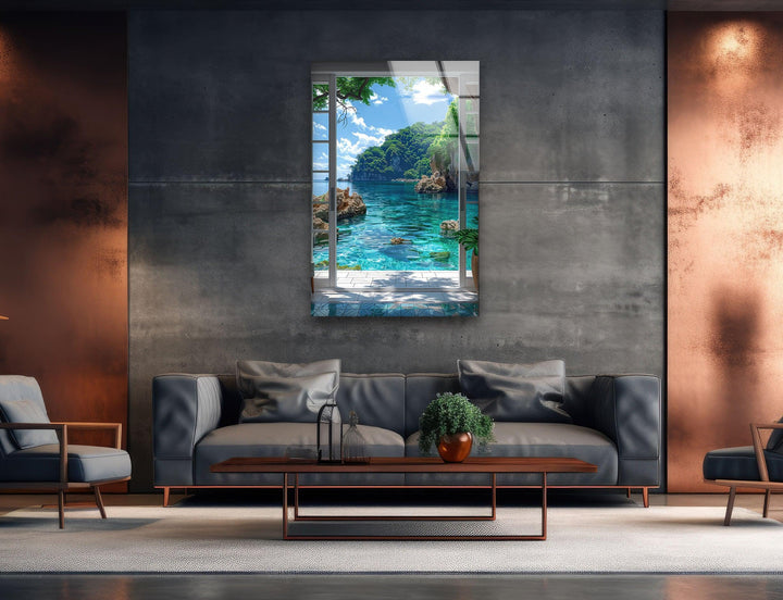 Large glass wall decor of an exotic island getaway with bright blue waters.
