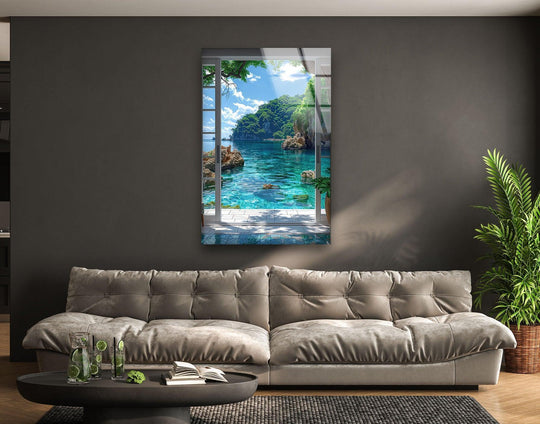 Geometric window pane details frame a tropical ocean view in this stunning tropical paradise glass art, highlighting the artwork's structural design.
