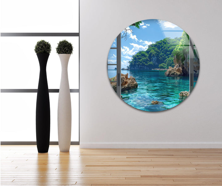 High-quality glass print of a tropical island view framed by an open window.
