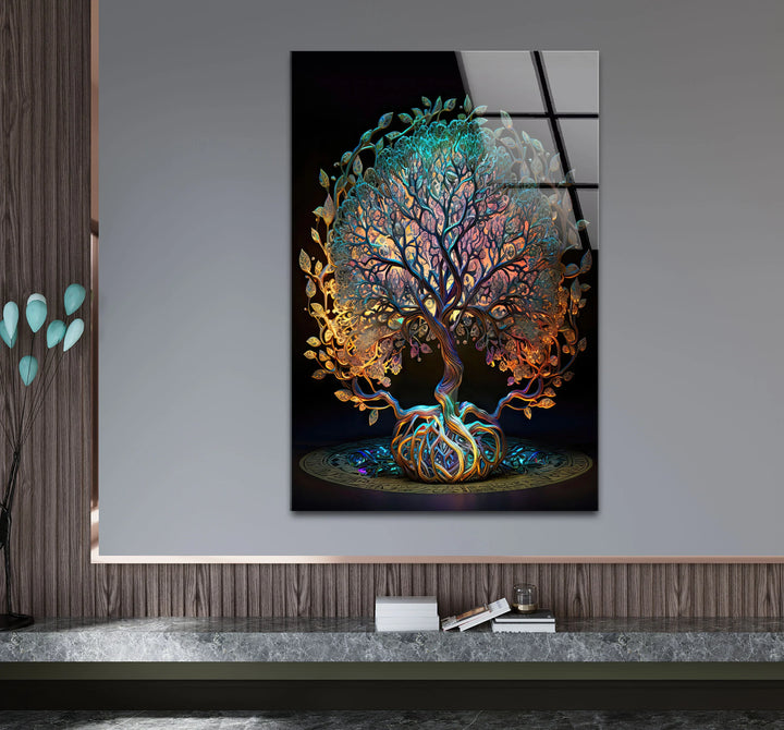Mystical Tree of Life Wall Art – Colorful Spiritual Glass Print for Sacred and Boho Interiors - MyPhotoStation