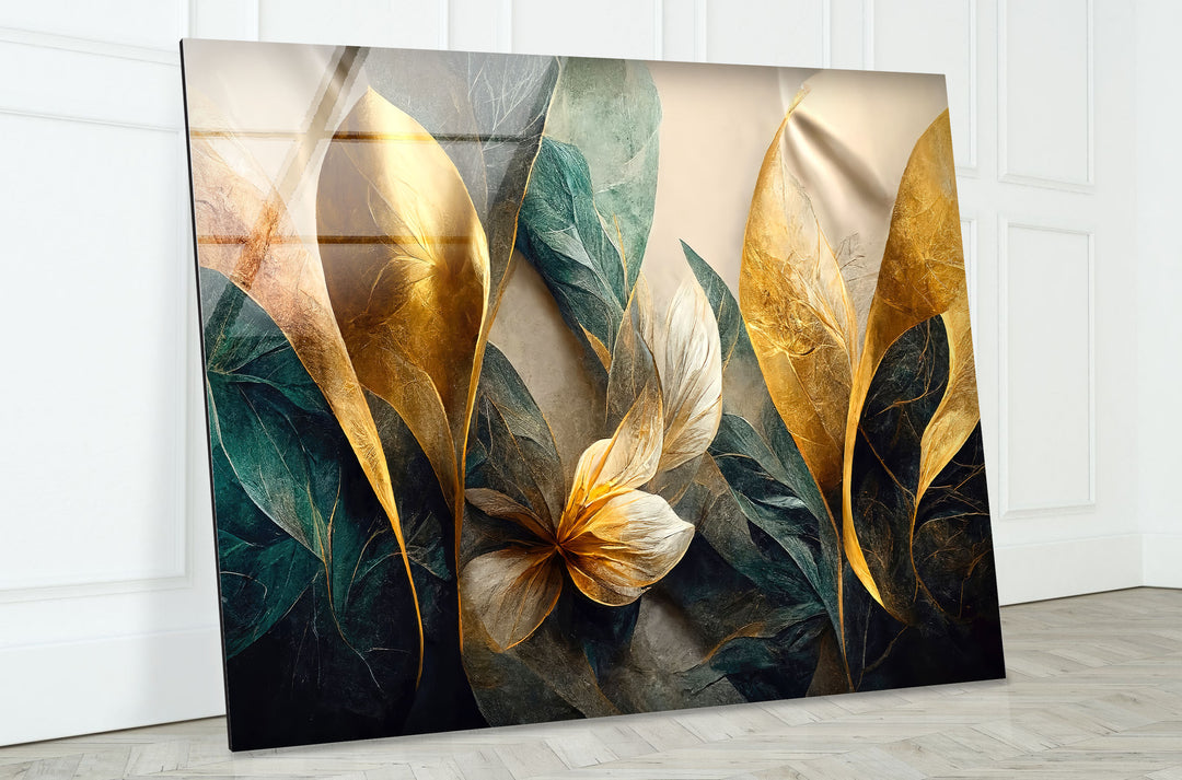 Goldene botanische Wandkunst – Luxuriöser floraler Glasdruck 