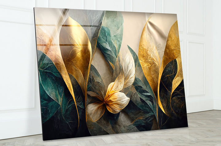 Goldene botanische Wandkunst – Luxuriöser floraler Glasdruck 