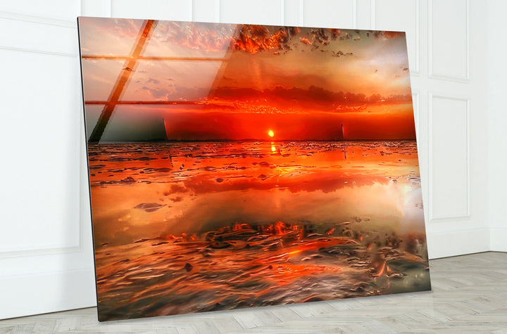 Feurige Sonnenuntergangsküste Wandkunst – Lebendiger Ozean-Glasdruck 