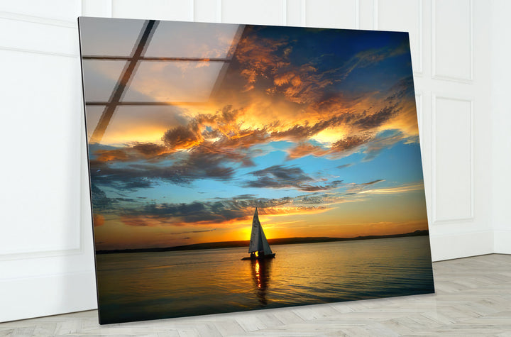 Golden Horizon Wall Art – Sailboat Sunset Glass Print