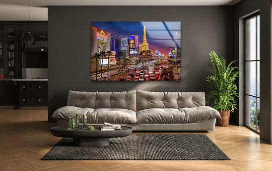 Showing a smooth, reflective edge and sleek borders, this vibrant Las Vegas Nightlife decorative wall art offers a modern cityscape view.