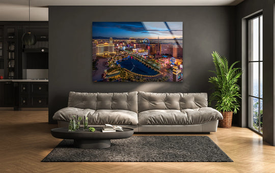 Horizontal rectangular tempered glass wall art showcasing a vibrant Las Vegas skyline at night captures the city's glittering lights.