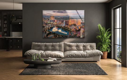 City Prints Las Vegas in USA glass wall art shows a colorful cityscape skyline and is a great modern decor piece plus a tempered glass art print
