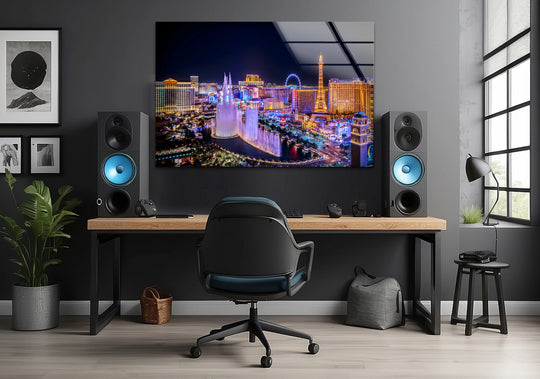 Las Vegas Fountain glass wall art showcases a vibrant nighttime cityscape and iconic Bellagio fountains with modern wall decor and a glossy finish