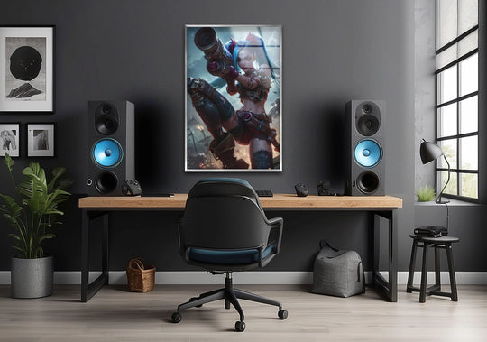 Visually striking Blue Hair Rebel with Cannon wall art prints showcasing a stylized figure with a large weapon takes center stage in this modern room.