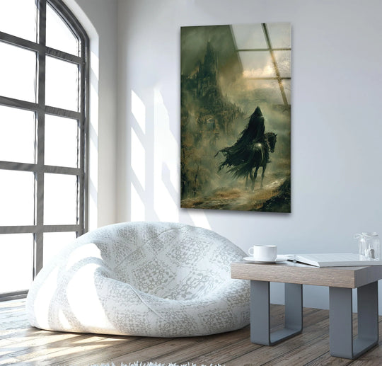 Shifting from dark, stormy shades to a soft, diffused glow, this Dark Rider Approaching Mystic Castle fantasy hanging wall art brings an atmospheric transition to any room.