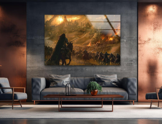 The stillness of the approaching knight contrasts with the frenetic mythic battle scene in this glass wall art, a striking piece of home decor.
