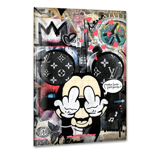 Tempered glass art provides a sleek, high-quality feel for this vibrant 'More Love Less Hate' luxury graffiti pop art glass wall art piece.