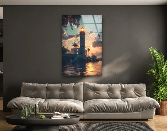Layered perspective enhances the depth of the Lighthouse of Alexandria glass wall artwork, with radiant reflections creating immersive depth in this scenic glass wall artwork.