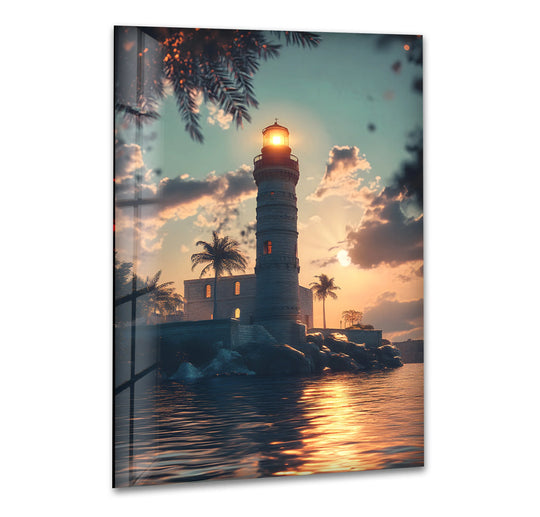 Golden hues dominate in this Lighthouse of Alexandria hanging wall art, showcasing an inspiring coastal landscape under a radiant sunset.