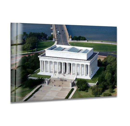 The realistic detail of the Lincoln Memorial glass wall art captures the unique modern wall decor with a stunning aerial view of the iconic monument and surrounding landscape.