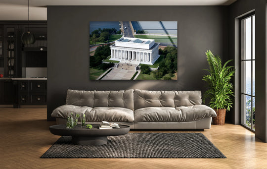 Framing the stark, geometric Lincoln Memorial, the soft organic forms of the surrounding trees contrast in this hanging wall art print.