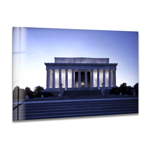 The Lincoln Memorial, bathed in twilight hues, showcases the elegant architectural details enhanced by high-quality glass printing for a majestic wall art piece.