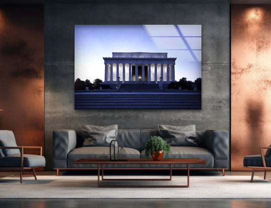 Deep blues enhance the depth and layers of this Lincoln Memorial glass wall art, illustrating the monument with twilight's perspective using best glass art techniques.