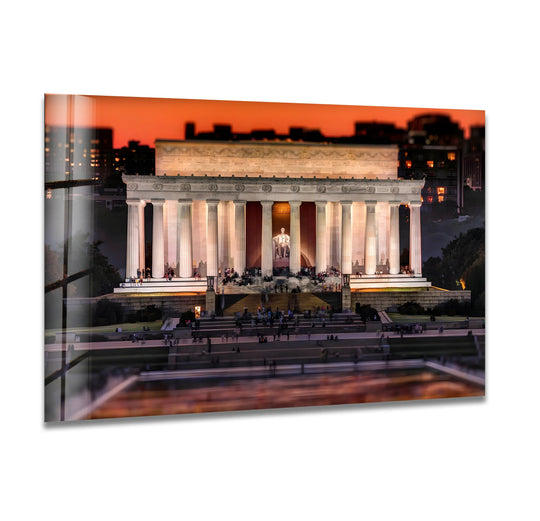 Dramatic color contrast highlights the Lincoln Memorial Glass Wall Art, a sunset glow landmark that adds visual interest to home decor.