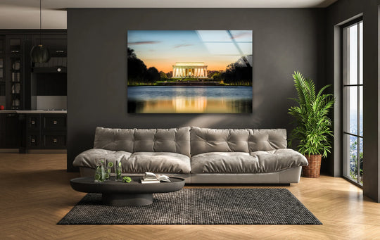 Showcasing the realistic detail, this Lincoln Memorial glass wall art decor brings the elegance of a reflective sunset, capturing the monument's sunset illumination.