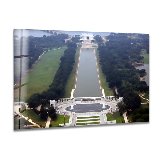 Captured from above, the vibrant fountain stands out in this Washington DC aerial view tempered glass wall art print, showcasing the Lincoln Memorial and Reflecting Pool.