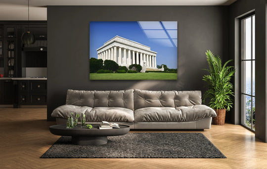 Ground-level landscaping with rounded shrubs provides a counterpoint to the rigid structure in this unique modern wall decor showcasing the Lincoln Memorial.