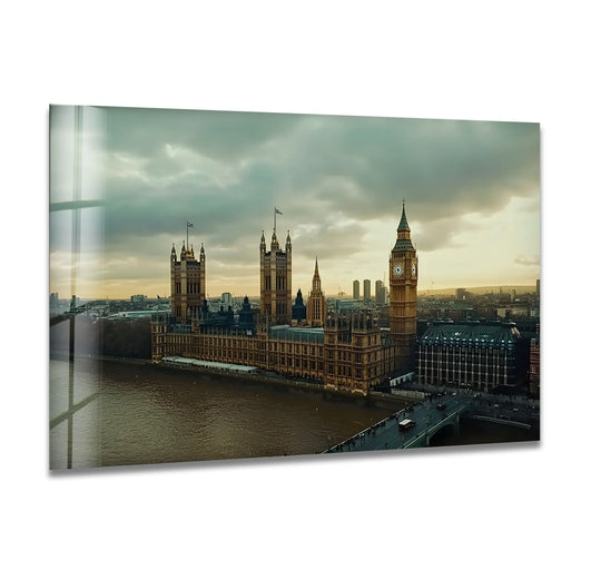 Desaturated color saturation mutes the London City Big Ben glass wall art, creating a vintage home decor look that highlights the architectural details.