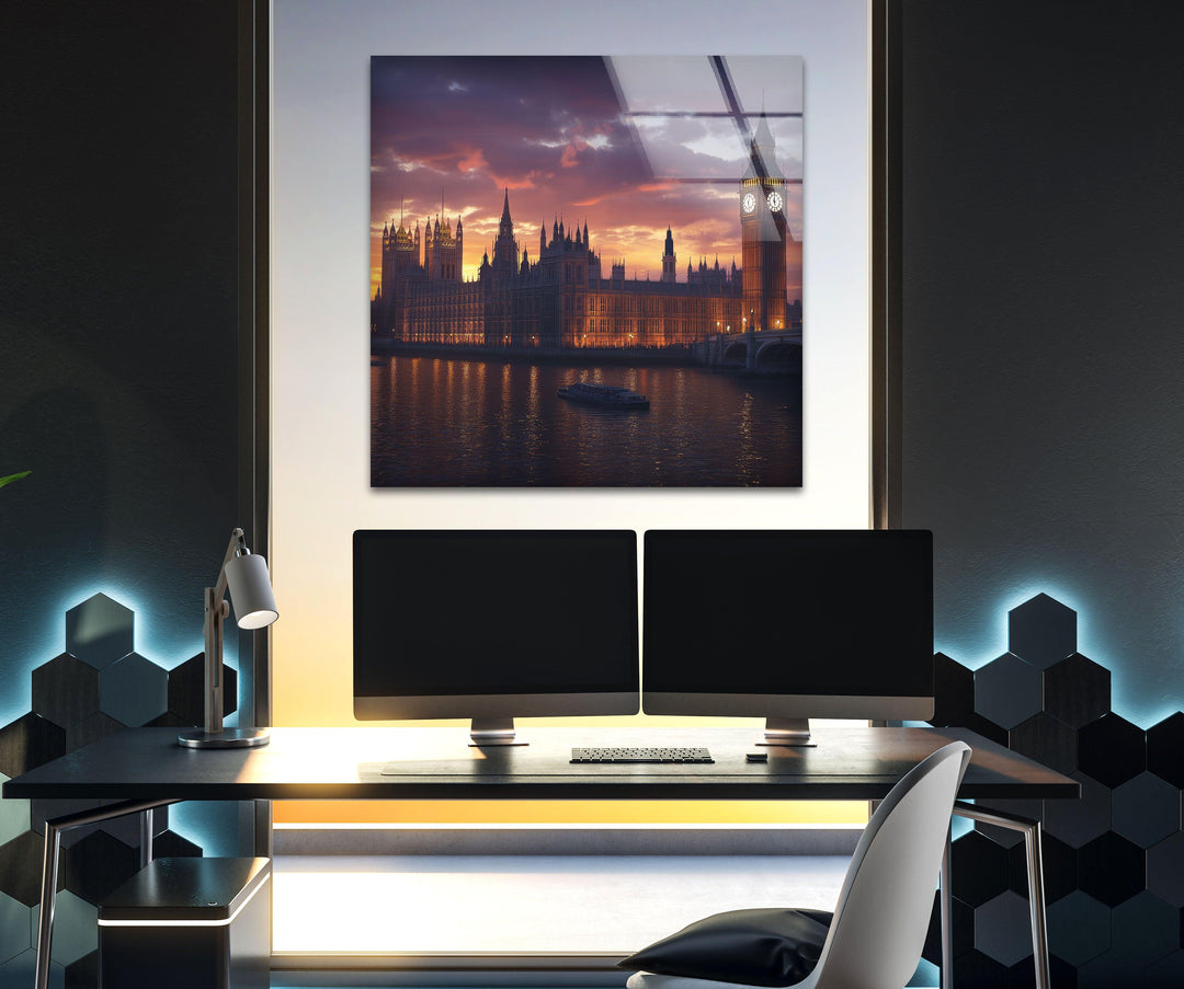London Sunset Landscape Glass Wall Art photo print on glass, prints on glass wall art
