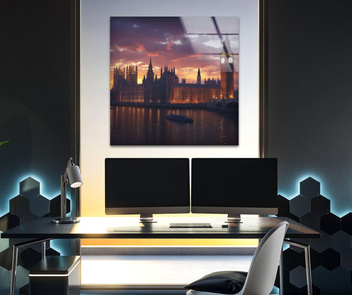 London Sunset Landscape Glass Wall Art photo print on glass, prints on glass wall art

