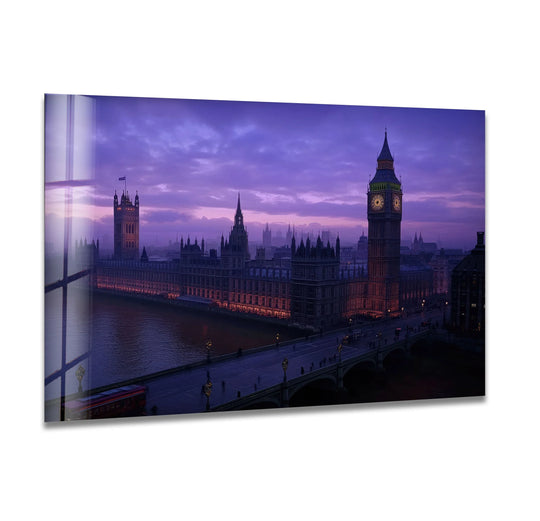 Foreground window panes offer a captivating view of the London cityscape at purple sunset in this piece of unique modern wall decor.