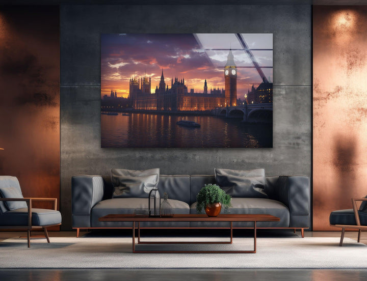 London Sunset Landscape Glass Wall Art custom glass photo prints, large glass prints
