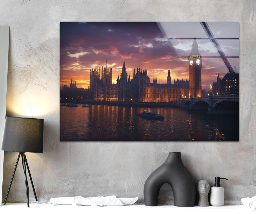 London Sunset Landscape Glass Wall Art picture on glass wall art, photos printed on glass
