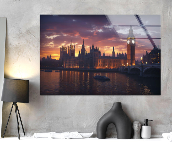 London Sunset Landscape Glass Wall Art picture on glass wall art, photos printed on glass
