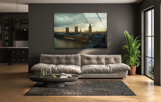 Displayed against a gray wall, tempered glass wall art showcases London City Big Ben, creating a refined backdrop for the neutral sofa and furnishings.