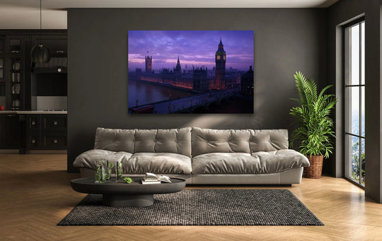 The flowing river and speeding cars in the purple sunset London tempered glass wall art invoke a captivating sense of movement and bustling city life.