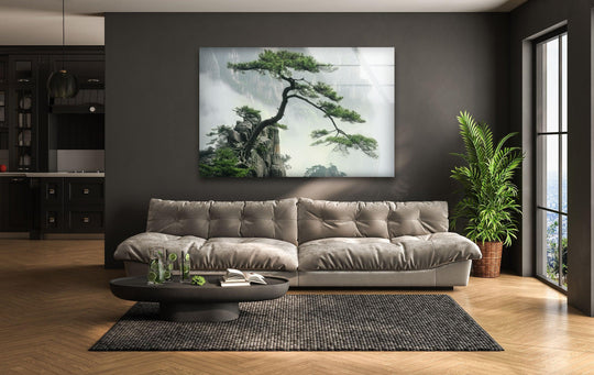 Dramatic negative space surrounds a serene pine tree in this tranquil nature art print on glass, showcasing the best glass art through its stark contrasts.