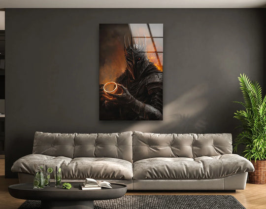 Highlighting the abstract quality, the dark crown warrior and glowing ring create an ethereal, cinematic feel in this captivating glass wall art decor.