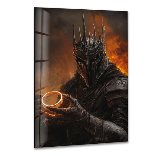 Dramatic color contrast highlights the Dark Crown Warrior Holding Ring in this unique modern wall decor glass art, with a fiery orange background enhancing the dark armor.