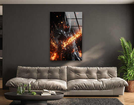 Dramatic contrast defines this dark warrior with fire sword decorative wall art as glowing embers blend into the figure's shadowed armor.