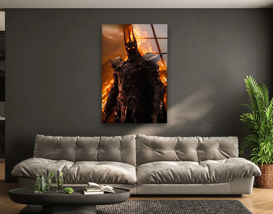 Vertical fiery dark crown warrior glass wall art decor piece showcases a slender rectangular shape with a fantasy figure amid blazing fires.