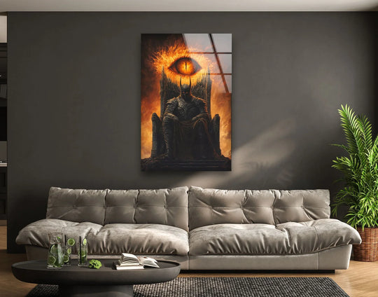 Around the black coffee table, a book lies open, while a glass pitcher and tumblers suggest refreshing lime beverages in front of the dark throne warrior with fire eye glass printing.