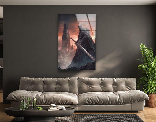 Tempered material and high-quality printing showcase the dark crown warrior and sword in this cinematic glass wall art decor.