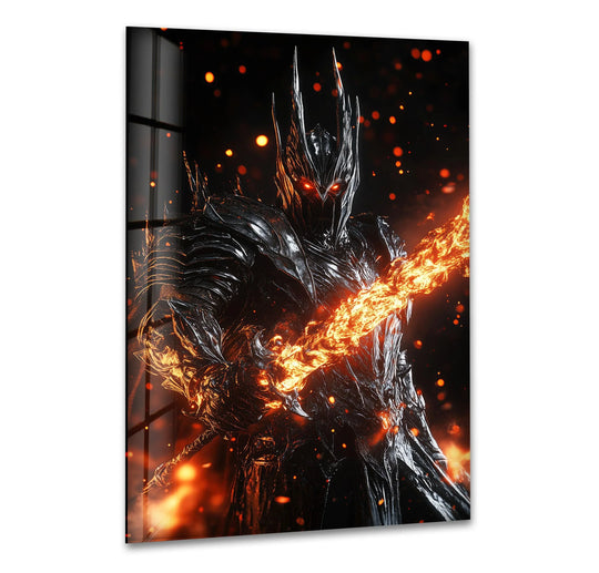 Against the dark background of this glass printing, fiery embers swirl dramatically around the dark warrior with a fire sword, adding to the cinematic drama.