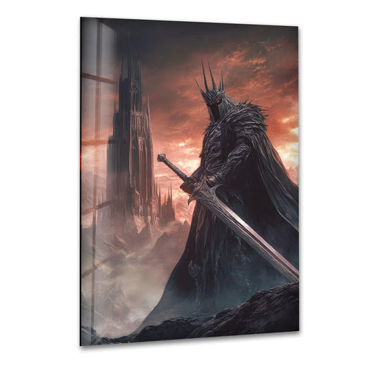 Visual rhythm in the dark crown warrior with sword glass wall artwork is created by the dark tower and figure against the orange sky.
